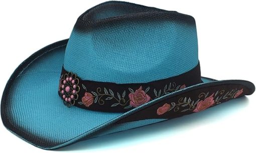 Blue Embroidered Straw Western Hat EA40