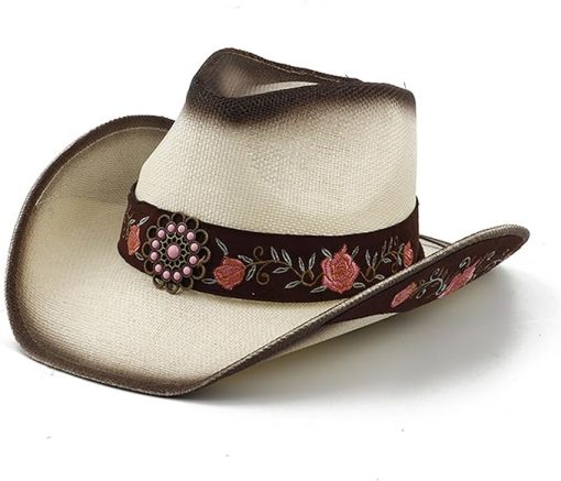 Classic Woven Embroidered Straw Western Hat EA39