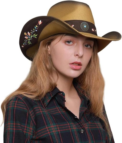 Floral Embroidered Straw Cowboy Hat EA38 - Image 2