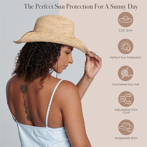 Women's Crocheted Raffia Cowboy Hat EA42 - Image 2