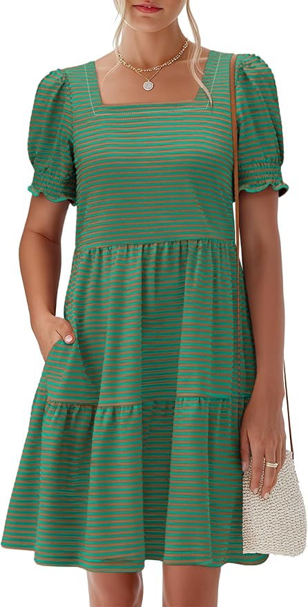 Neck Puff Short Sleeve Summer Dress EA50