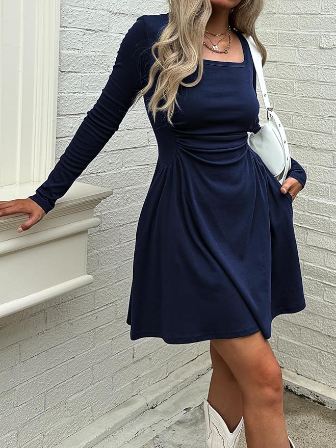 Women's Square Neck Long Sleeve Dress EA47 - Image 2