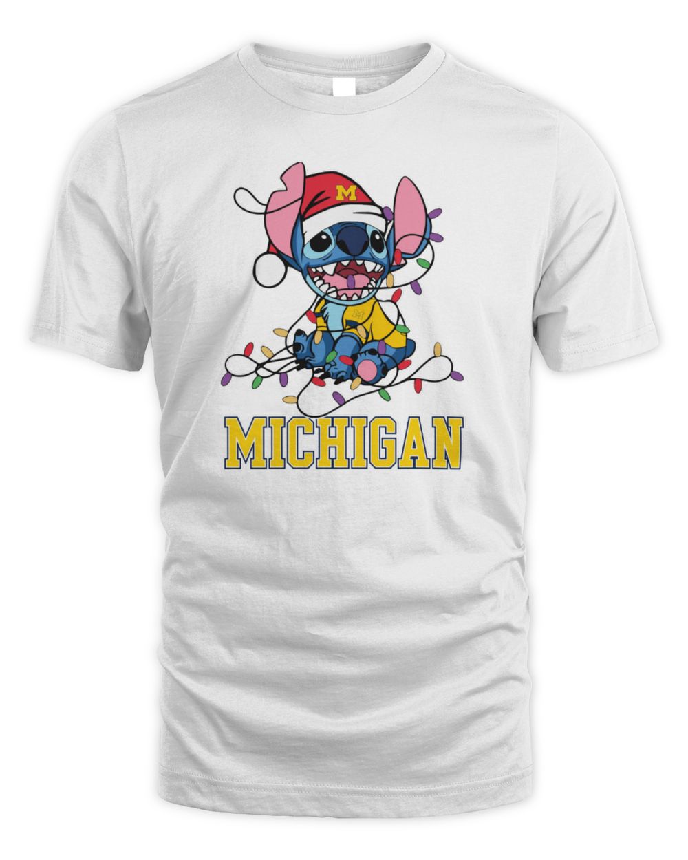 Michigan Wolverines Cute Stitch Christmas Lights NCAA T-Shirt