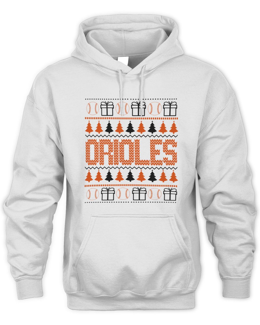 Baltimore Orioles Christmas Baseball Trees Presents Ugly Sweater Hoodie