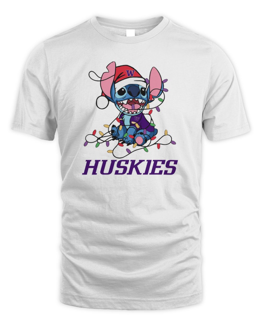 Washington Huskies Cute Stitch Christmas Lights NCAA T-Shirt