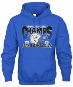 NCAA Shop Sun Belt Champs 2025 South Alabama Jaguars Helmet Graphic Hoodie
