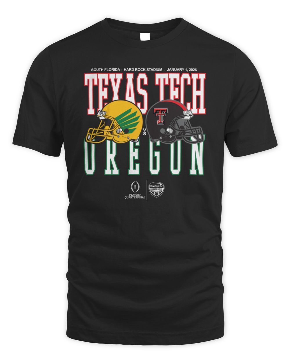 CFP Shop Capital One Orange Bowl 2026 Oregon vs Texas Tech Helmet Matchup T-shirt