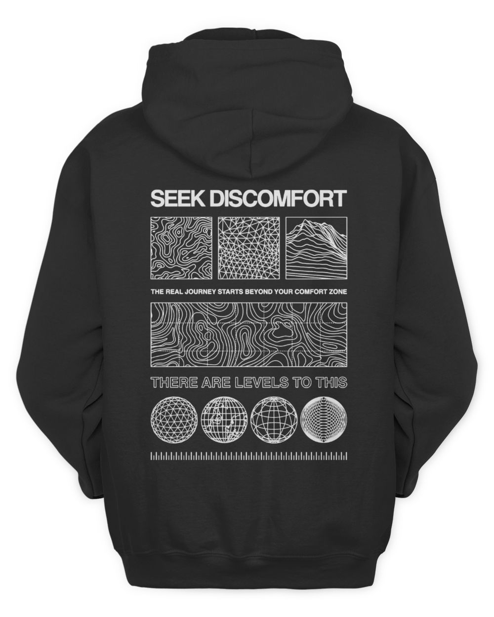 Seek Discomfort Merch Levels Tee Black Hoodie
