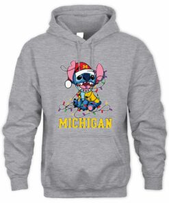 Michigan Wolverines Stitch Santa Christmas Lights Hoodie